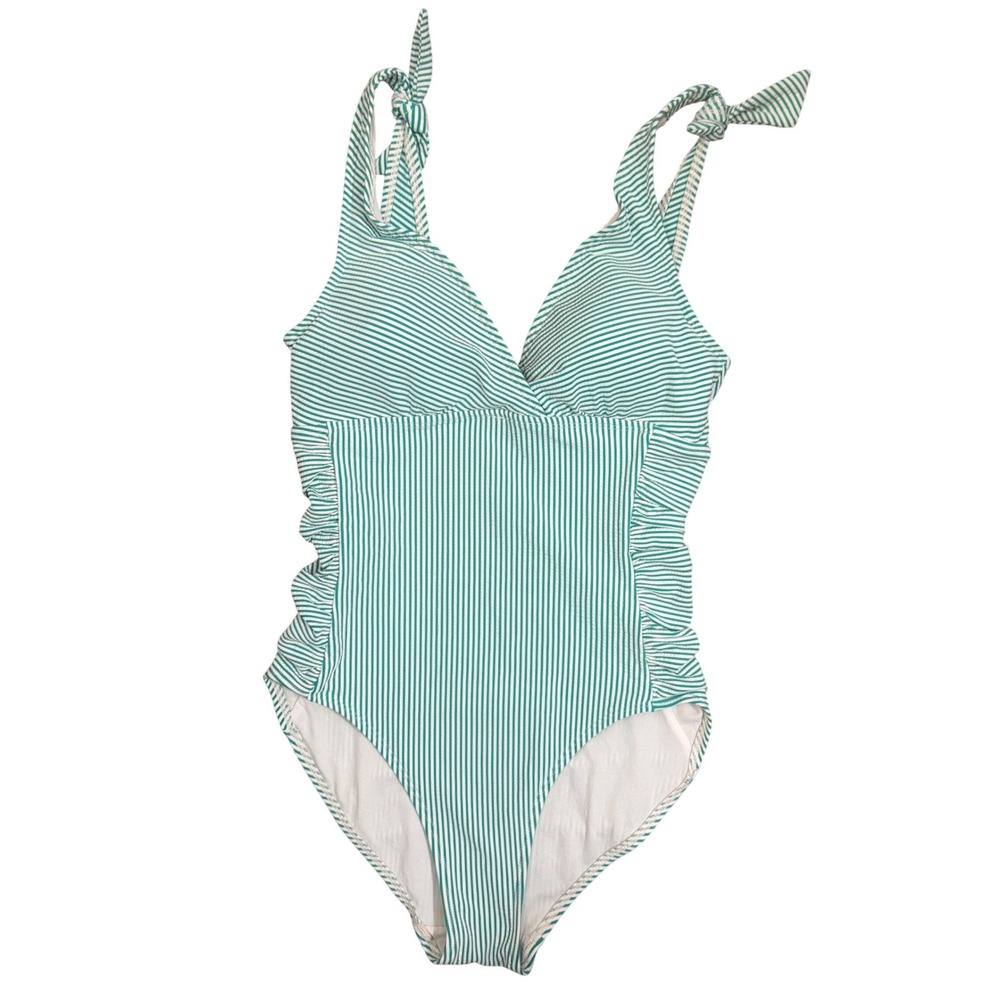 Lauren Ralph Lauren Green White Striped Ruched One Piece Swimsuit Size 4